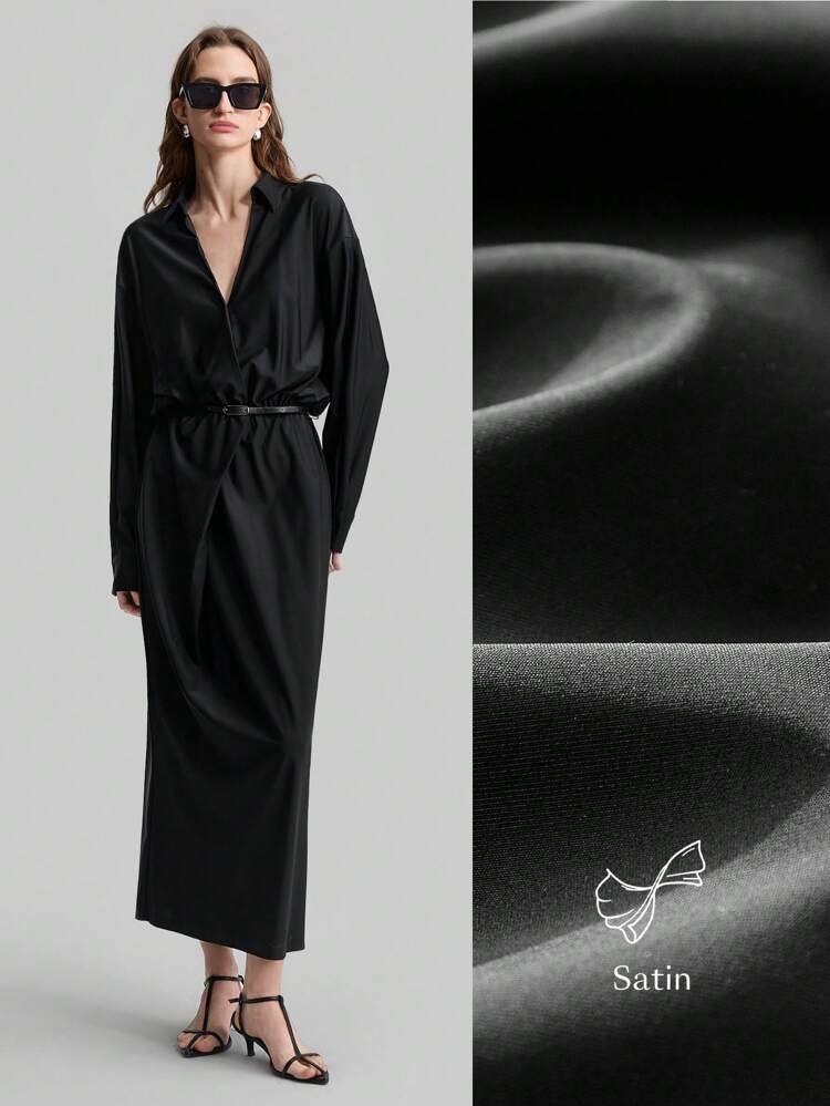 Women's Black High Waist Flare Dress With Leather Belt Decor, Urban Chic Minimalist Style