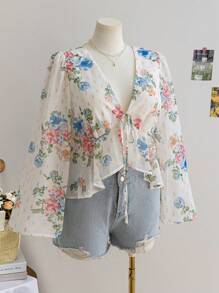 Soleia Plus Size Women Floral Print Chiffon Romantic V-Neck Flare Sleeve Blouse Top - Multicolor - View 4