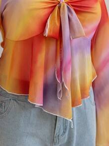 Soleia Plus Size Women Back To School Vacation Tie-Dye Rainbow Print Babydoll Blouse, Casual Long Sleeve Shirt, Summer Outfits - Multicolor - View 7