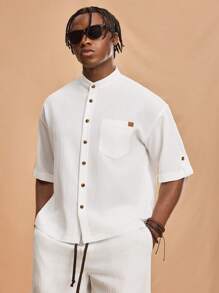Forever 21 Texture All-Match Stand Collar Short Sleeve Shirt