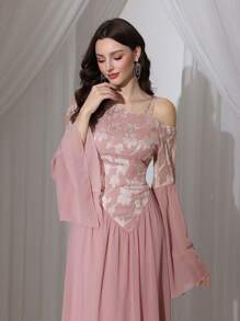 Modelyn 女式长款拼接喇叭形不对称肩部优雅连衣裙 - 粉色 - 查看 5