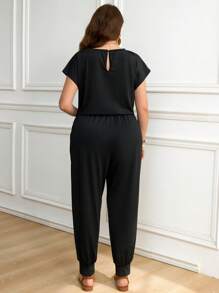 SHEIN LUNE Plus Size Casual Solid Color Asymmetrical Collar Jumpsuit Spring Break Casual Casual Daily Wear,Women's Romper, Summer Wear, Cutie Off-The-Shoulder,Summer Outfits For Women Summer,Rave Outfits Festival,Summer Outfits For Women Vacation Outfits Woman Casual Jumpsuit - Black - View 2