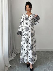 Yasmyna 女士宽松编织印花长袖对比色材质阿拉伯连衣裙