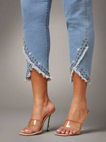 Denimoi Jeans con tasche frontali, decorati con strass, orlo sfilacciato, design semplice, taglie grandi