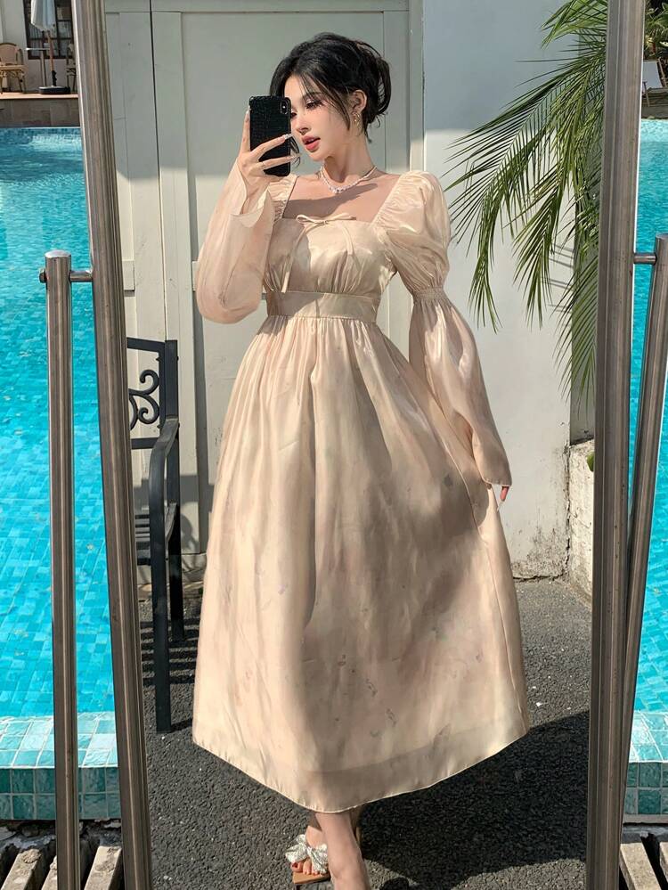 Spring New Ditsy Floral High Waist Sundress With Bowknot, Vacation Style Dress For Women Elegant,Ruffle