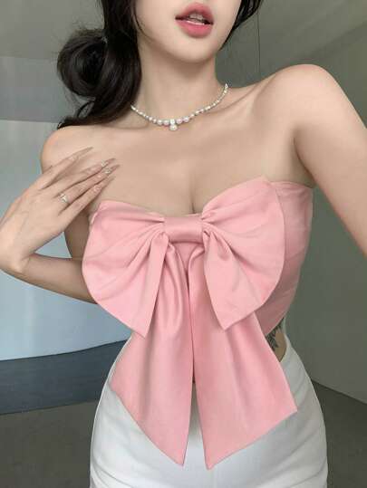 DAZY 女士3D蝴蝶结装饰吊带背心，新款夏季时尚露肩上衣