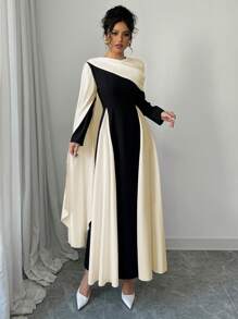 Rafferiza Vestido elegante de mujer con cuello redondo, mangas extra largas fluidas y bloque de color con pliegues - Albaricoque - Ver 5