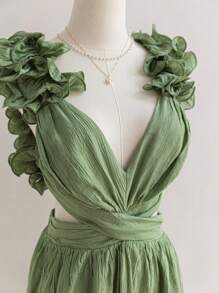 Soleia 女士浪漫花卉印花褶皱 V 领绿色露背系带收腰 A 字春季迷你连衣裙，适合度假、返校、秋季