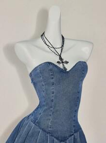 SHEIN ICON Women's Ruffle Hem Strapless Denim Dress, Y2k Clothes Women - Medium Wash - View 4