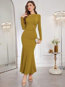 Modelyn Vestido elegante y sexy con dobladillo de cola de pez arrugado y asimétrico con detalles calados para mujeres