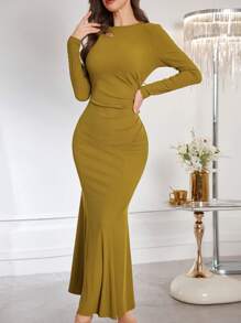 Modelyn Vestido elegante y sexy con dobladillo de cola de pez arrugado y asimétrico con detalles calados para mujeres