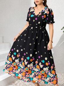 SHEIN Clasi Plus Size Women's Contrast Lace Short Sleeve Graphic Print Holiday Dress, Romantic Dress, Elegant Dress, Women's Spring Clothing, Bohemian Dress