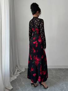 Modelyn Women Woven Patchwork Lace Long Sleeve Hollow Button Ruched Waist Bodycon Dress - Black - View 2