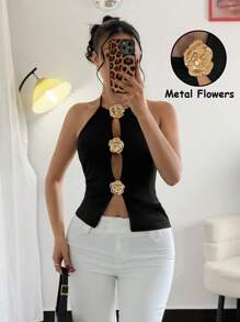 Selianne Áo yếm hở lưng họa tiết hoa 3D bằng kim loại dành cho nữ - Đen và vàng - Xem 7