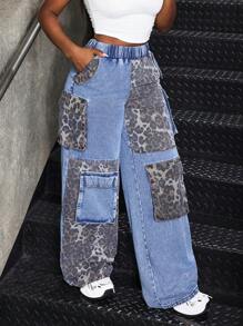 SHEIN Slayr 女式豹纹拼布休闲牛仔裤，直筒裤