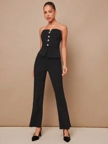 L'Amorae Summer Women, Women, Elegant Office Look Front Split Strapless Black Top With Gold And Faux Pearl Buttons, Women Tops, Summer Tops, Tube Top, Crop Top, Office Women, Old Money, Daily. For Date Night, Concerts, Performances, Parties