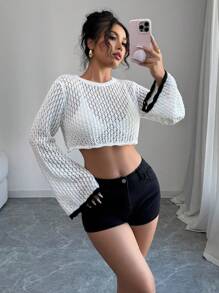 Elenzga Jersey holgado de punto con cuello redondo, efecto calado y bloques de color para mujer, para otoño e invierno - Blanco y Negro - Ver 1