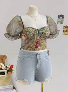 SHEIN WYWH Áo crop top tay ngắn in họa tiết lãng mạn cổ điển cỡ lớn cho nữ, dành cho kỳ nghỉ xuân - Nhiều màu - Xem 3