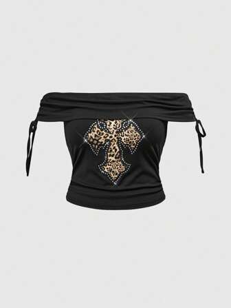 Top style grunge punk gyaru grande taille en velours, avec imprimé léopard et motif de croix, épaules dénudées