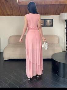 Modelyn Robe de soirée élégante à volants asymétriques avec décoration florale en 3D sur une chaîne de maille pour femme, robe pour invitée de mariage