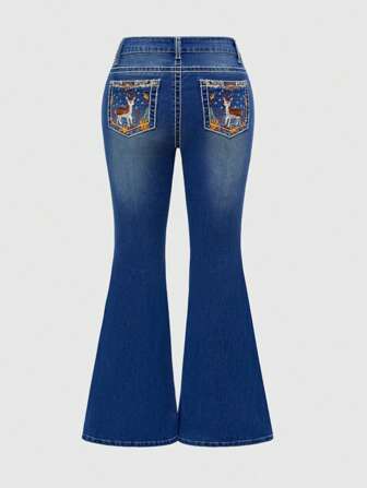 Fairycore Jeans en jean brodé de cerfs pastoral, printemps/été