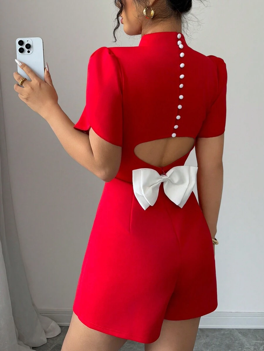 Elenzga Backless Bowknot Decor Women's Elegant Jumpsuit - Red - View 1