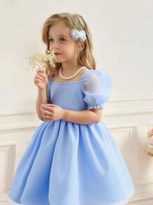 Young Girl Graceful Solid Color Bubble Sleeve Mesh A-Line Dress, Elegant Design
