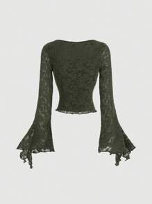 SHEIN MOD 绿色浪漫优雅前系带衬衫，女士可爱T恤，秋冬镂空服装女海盗上衣公主女装外出上衣 - 軍綠色 - 查看 2