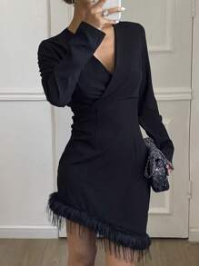 DAZY Fitted Asymmetrical V-Neck Fuzzy Patch Mini Dress, Suitable For Party, Date Night, Casual Wear Prom Dress,Fall Dress Long Sleeve Dress - Black - View 1