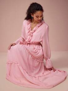 Enchnt Robe élégante femme romantique rose col V volant ourlet, douce et élégante pour la Saint-Valentin et les vacances, sortie romantique, usage quotidien, vacances et fêtes de jardin