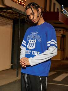 PAVTROS Manfinity Streetrush Manfinity Streetrush Men's Letter Print Round Neck Sports Mesh 2 In 1 Sweatshirt,Boyfriend Gifts - Blue - View 6