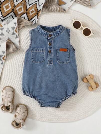 1 件男婴休闲百搭无袖水洗牛仔连体衣