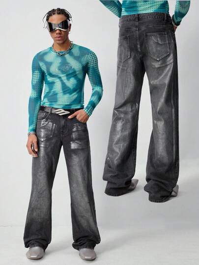 Street Life Jeans droits décontracté pour hommes de couleur unie avec poche, bouton et fermeture éclair