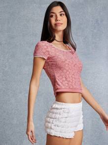 WESTFADE Camiseta ajustada de manga corta con cuello cuadrado, con estampado floral de primavera y con aplicación de encaje tejido - Rosa vieja - Ver 5