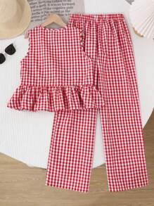 SHEIN LMoss Kids Tween Girls Plaid Tie Bow Sleeveless Blouse And Wide Leg Pants 2 Pieces Outfit Holiday Outfits