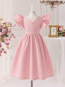 SHEIN Leap Crew Tween Girls Elegant Gold Thread 3D Floral Lace Trim Ruched Tiered Ruffled Cap Sleeve V-Neck A-Line Dress - Pink - View 2