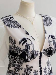 Soleia Blusa de manga abullonada con estampado retro para mujer talla grande