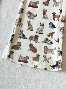 SHEIN Playful Pals 2 件套女婴时尚休闲百搭柔软针织面料圆领套头运动衫，带 3D 刺绣、贝雷帽和条纹腊肠犬印花长袖喇叭裤套装 - 彩色 - 查看 4