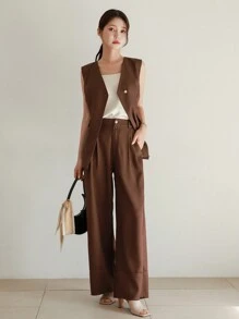 DAZY 2pcs Women Spring/Summer Elegant Set: Fitted V-Neck Vest & Wide Leg Pants In Solid Color
