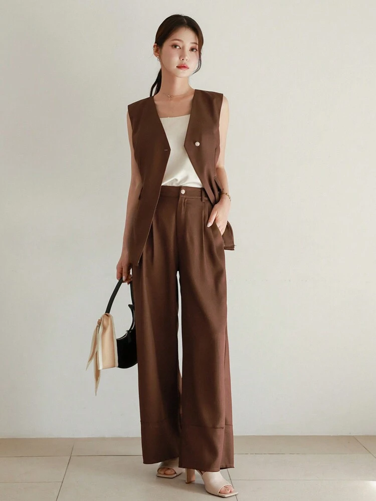 2pcs Women Spring/Summer Elegant Set: Fitted V-Neck Vest & Wide Leg Pants In Solid Color