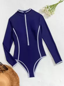 Swim SPRTY Women's Navy Blue Zip Decor Long Sleeve Casual Sports One-Piece Surfing Outfit, New Style, For Summer Beach Vacation