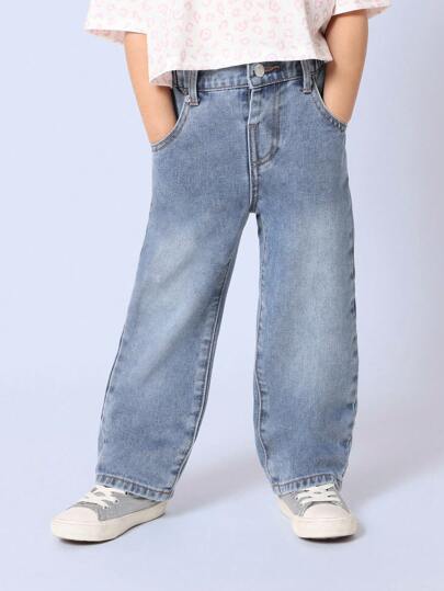 SUMWON Pull-On Loose Fit Girls Denim Jeans Comfortable Wide Leg Pants Classic Light Wash Casual Play Wear School Fashion Spring Summer Fall