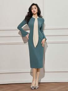 DAZY Neuer Sommerstil Patchwork Kontrastfarben Schleife Träger Maxikleid für Frauen Herbst,Winter