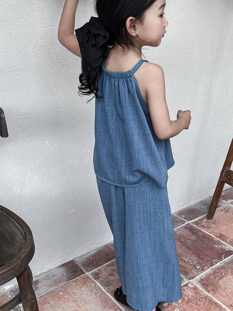 2pcs/Set Young Girl Solid Color Halter Top And Pants, Casual Outfit,Girls Summer Outfits