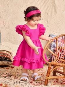 SHEIN Vestido de verano con volantes y adornos en tono fucsia para niña bebé - Rosa Fucsia - Ver 3