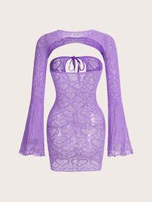 قطعة واحدة فستان نسائي من شبك حريري ساخن - ارجواني فاتح - مشاهدة 2