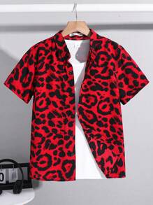 SHEIN Tween Boy Summer Casual Leopard Print Short Sleeve Polo Shirt - Red - View 1