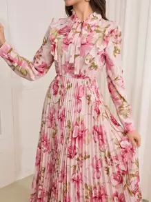 Modelyn Ruffled Tie Neck Pleat Patchwork Floral Print Dress Fall Cloth For Women - Pink - View 3