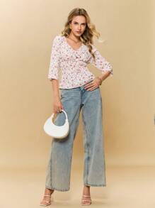 Poéselle 1 stuk dames blouse met vierkante kraag en ruches, middellange mouwen, minimalistische en casual dagelijkse kleding, bloemenblouse, blouse met rucheskraag