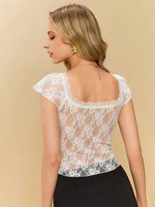 Poéselle Camiseta de mujer de manga corta con encaje transparente de unicolor elegante